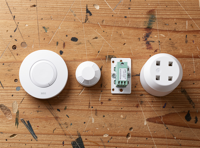 A row of Zigbee devices including a contact sensor, motion sensor, in-wall relay and smart plug laid out on a workbench