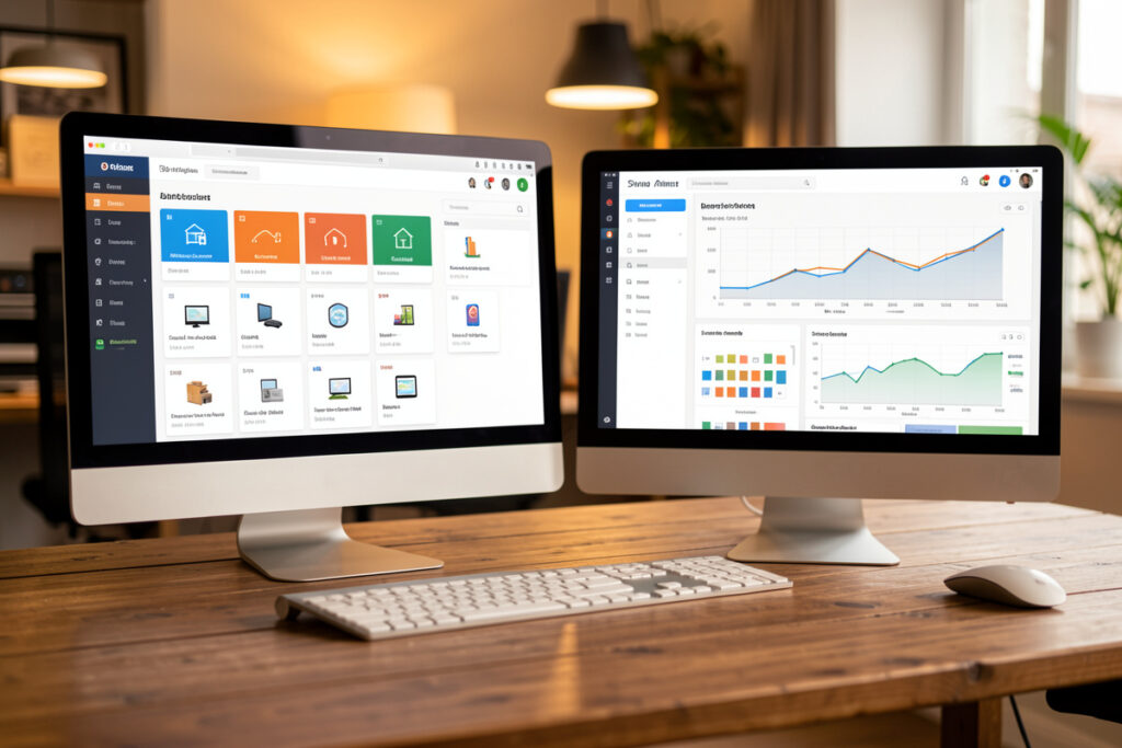 Two monitors comparing Zigbee2MQTT and ZHA smart home dashboards