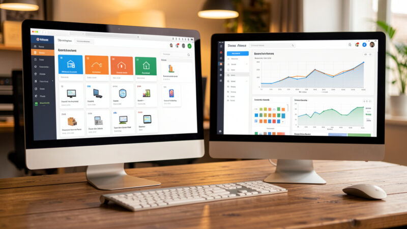 Two monitors comparing Zigbee2MQTT and ZHA smart home dashboards