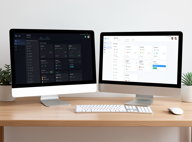 Two computer monitors side by side on a desk showing two different smart home dashboard interfaces