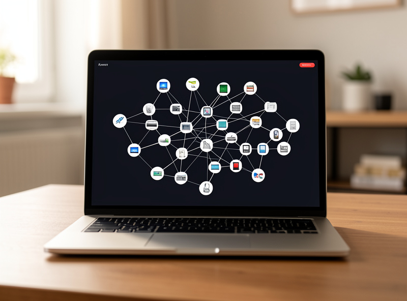 A laptop showing the Zigbee2MQTT web frontend with a network map of connected devices