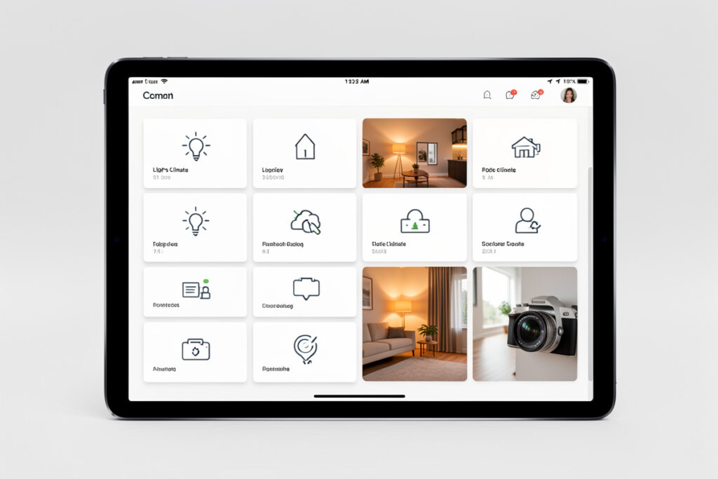 Smart home dashboard showing a grid of tile control cards