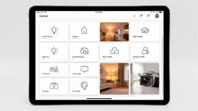 Smart home dashboard showing a grid of tile control cards