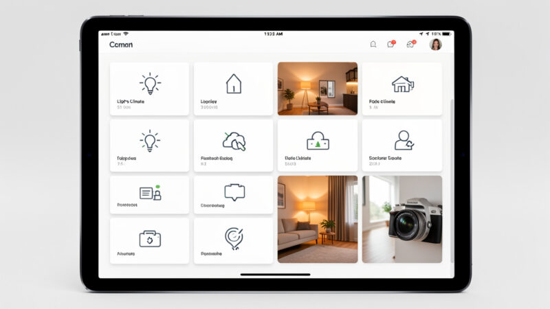 Smart home dashboard showing a grid of tile control cards
