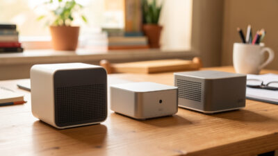 Three small fanless mini-PCs of different sizes lined up on a wooden desk in warm natural light