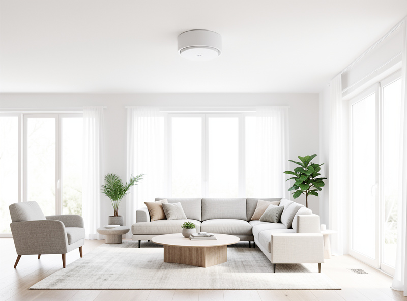 A white mmWave presence sensor mounted on a white ceiling in a bright modern living room