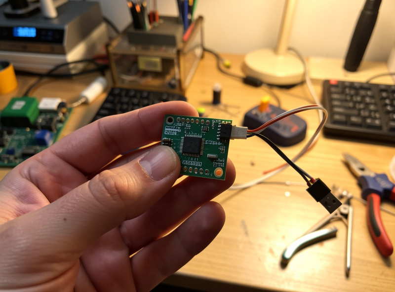 Hand holding a small ESPHome-based mmWave presence sensor board with a USB cable on a workbench