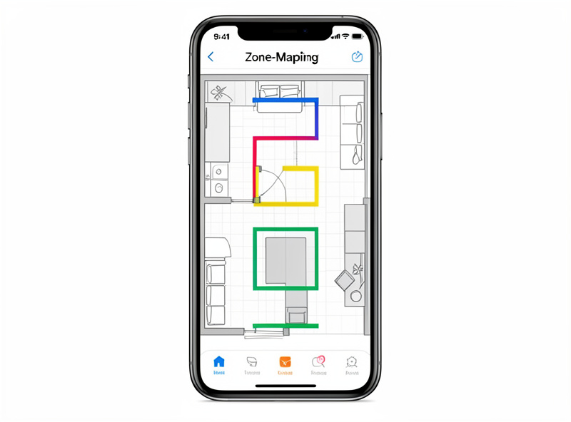 Smartphone screen showing a zone-mapping interface with colored rectangles drawn over a room floor plan