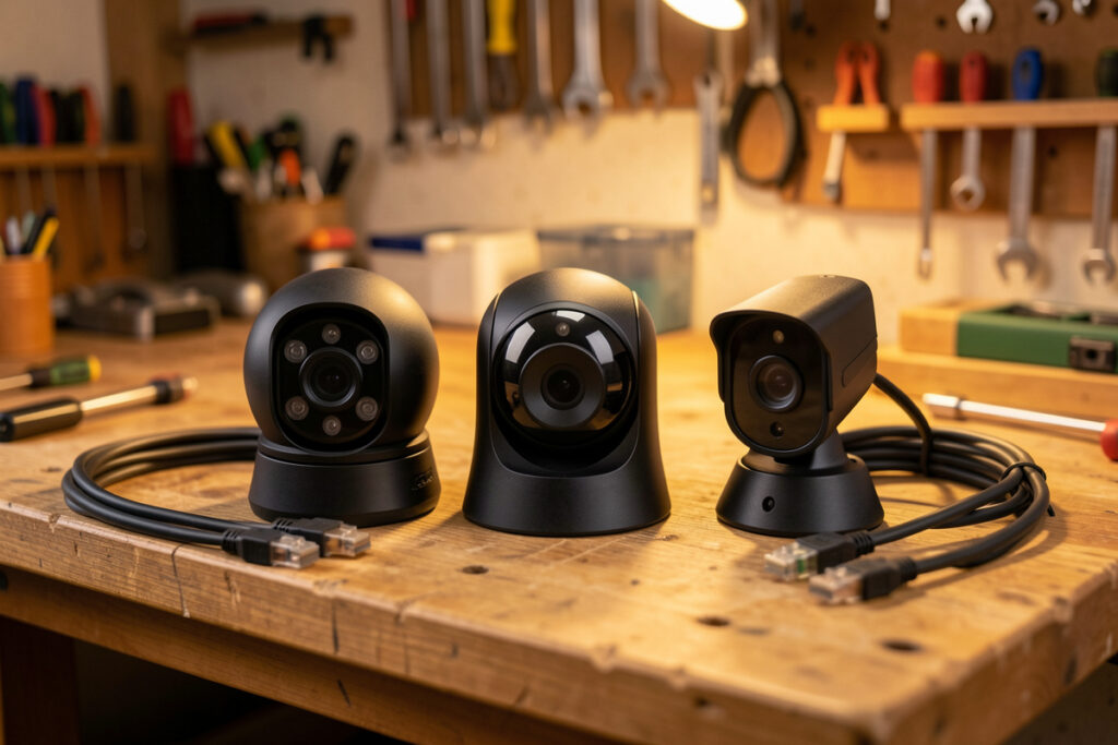 Three outdoor security cameras lined up on a workbench for comparison with ethernet cables