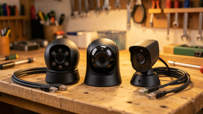 Three outdoor security cameras lined up on a workbench for comparison with ethernet cables