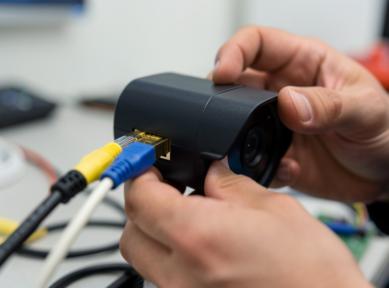 Close-up of a bullet PoE security camera being wired, ethernet connector visible