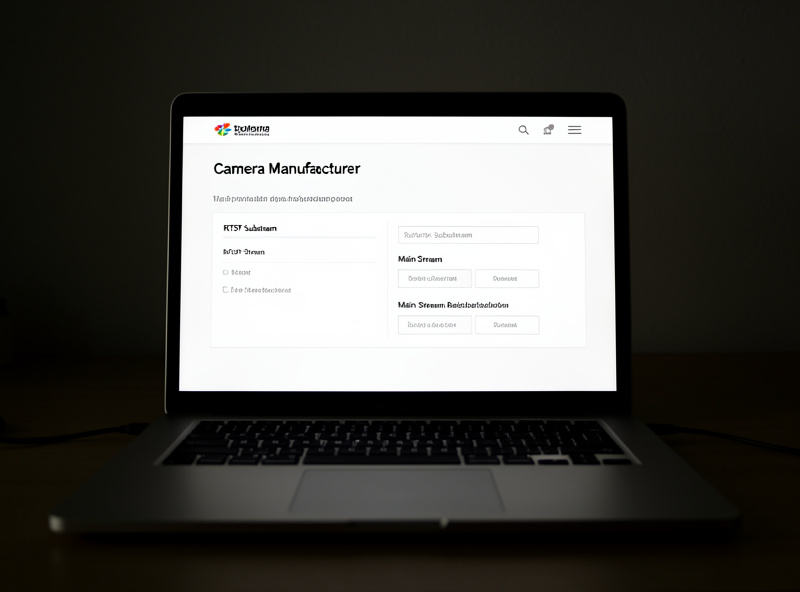 Camera web admin page on a laptop showing RTSP substream and main stream resolution settings