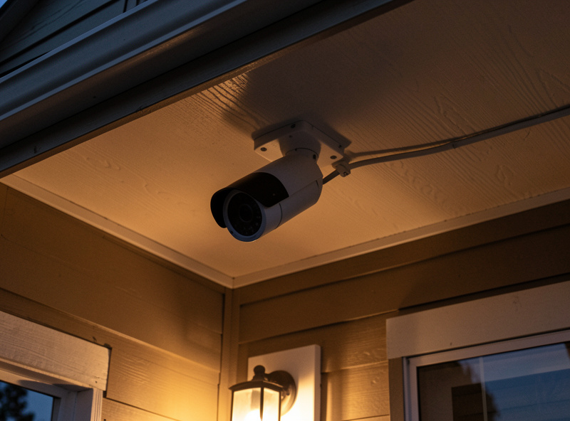 A turret style security camera mounted on a soffit at dusk with warm porch light below