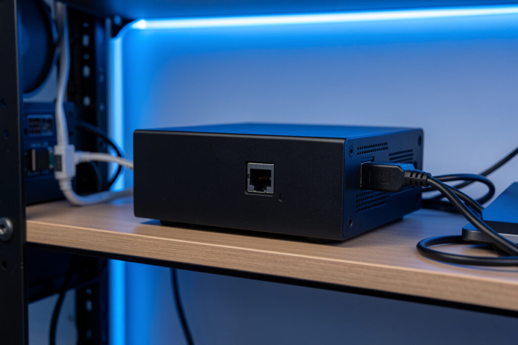 Google Coral USB accelerator plugged into a black mini-PC on a home lab shelf