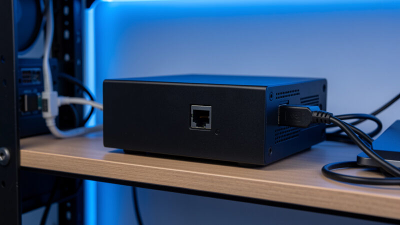 Google Coral USB accelerator plugged into a black mini-PC on a home lab shelf