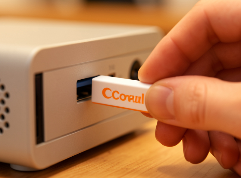 A hand plugging a white and orange Coral USB stick into a USB port on a small fanless mini-PC