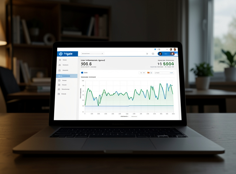 Laptop screen showing a Frigate system stats page with low inference-speed numbers and CPU graphs