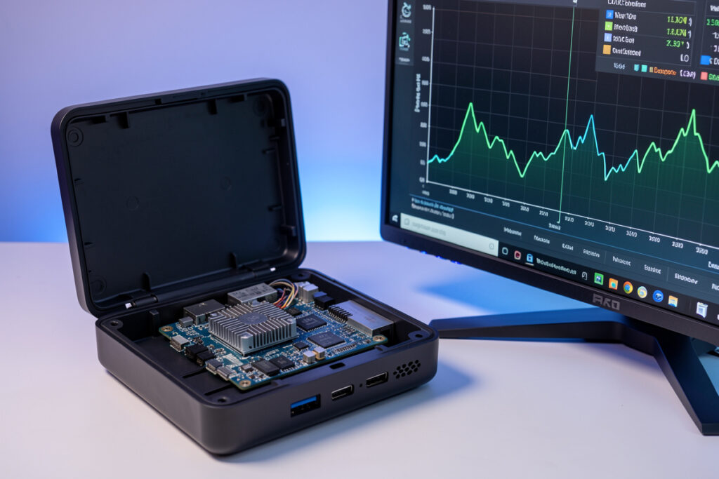 Intel N100 mini-PC opened to show the motherboard beside a monitor with CPU usage graphs