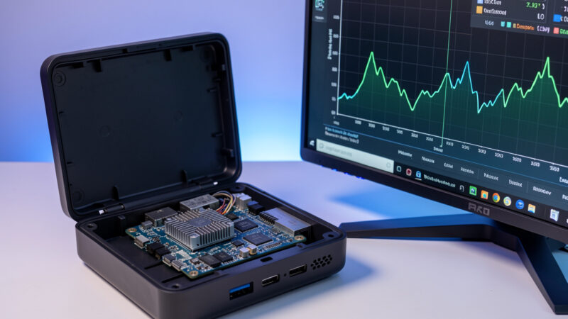 Intel N100 mini-PC opened to show the motherboard beside a monitor with CPU usage graphs