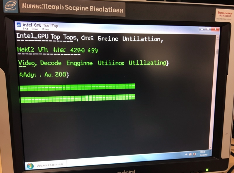 Terminal showing intel_gpu_top output with video decode engine utilization bars