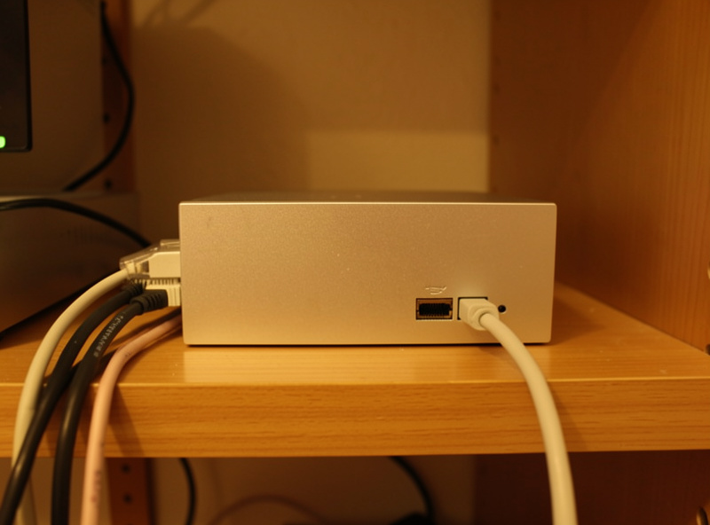 Fanless silver mini-PC on a shelf with several ethernet cables running to it