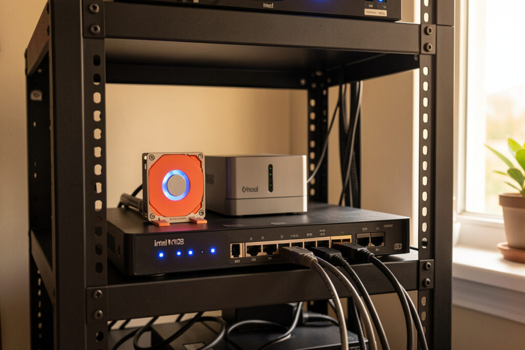 Home server rack with an Intel N100 mini-PC, Coral accelerator, and a PoE network switch