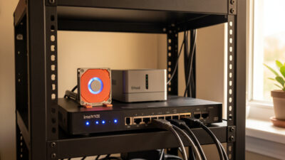 Home server rack with an Intel N100 mini-PC, Coral accelerator, and a PoE network switch