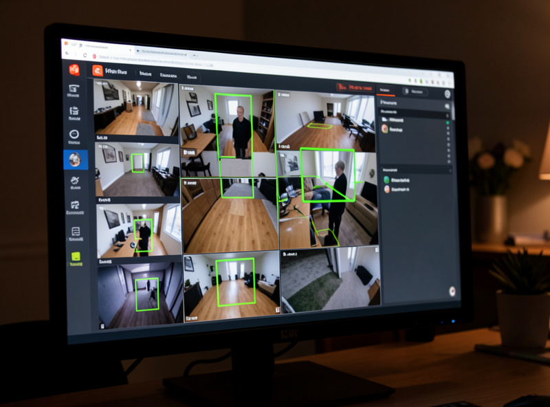 Frigate NVR dashboard on a monitor showing multiple camera feeds with green object-detection boxes around a person