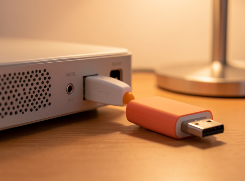 Google Coral USB accelerator plugged into a mini-PC next to a Zigbee coordinator stick on a desk