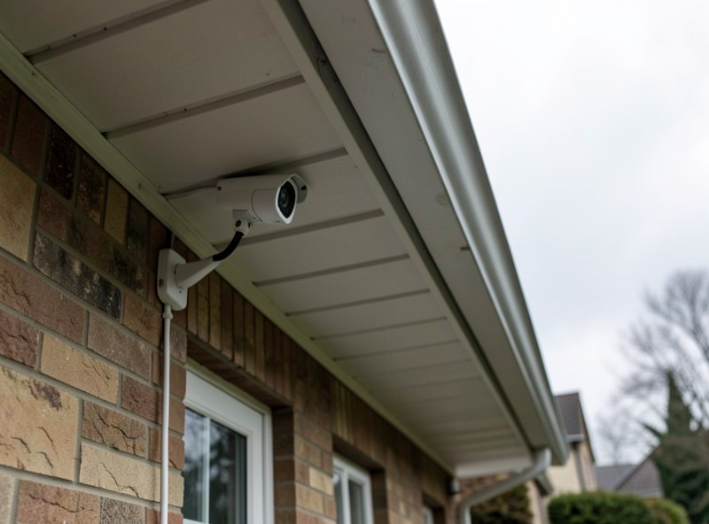Small outdoor PoE security camera mounted under a house eave with a single ethernet cable
