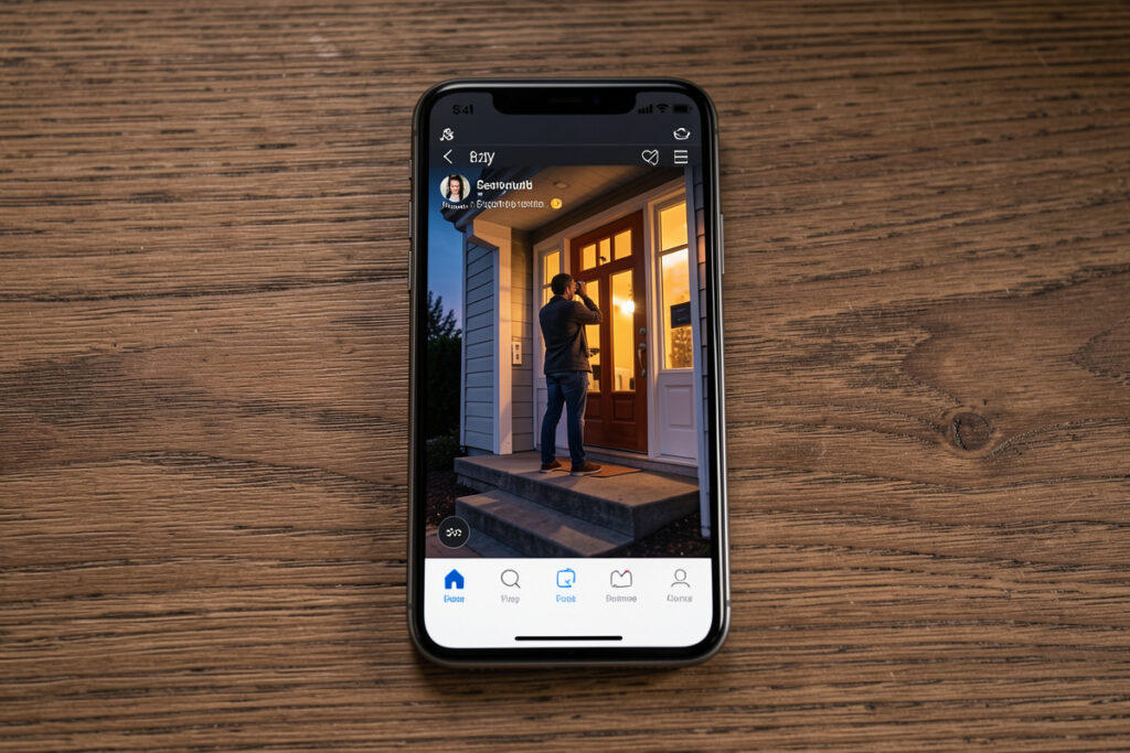 Smartphone showing a security camera push notification with a snapshot of a person at a front door