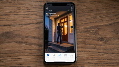 Smartphone showing a security camera push notification with a snapshot of a person at a front door