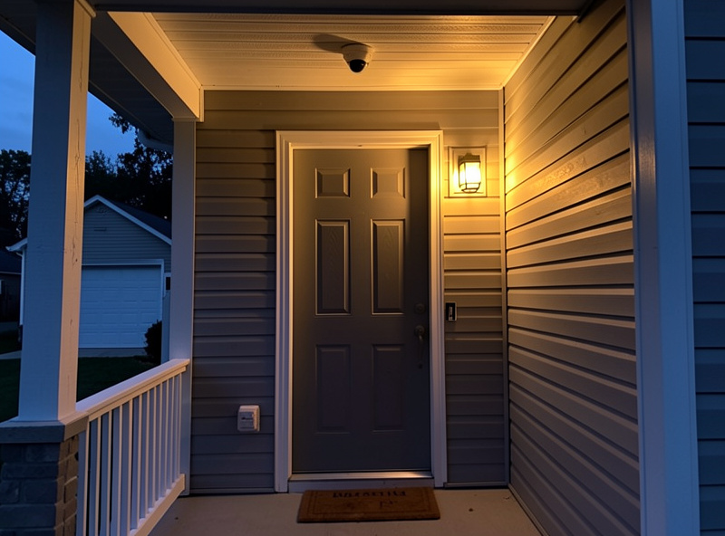 A front porch at dusk with a security camera above the door and a warm light turning on