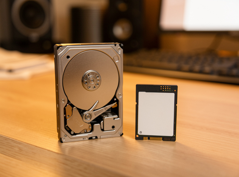 Close-up of a 3.5 inch hard drive and a small SSD held side by side over a desk