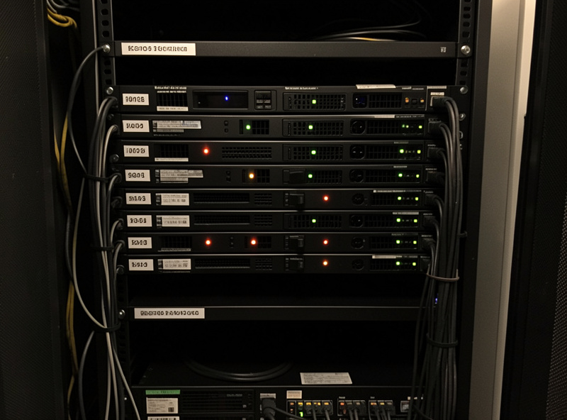 A rack shelf with labeled storage drives and neat cabling in a dim server closet