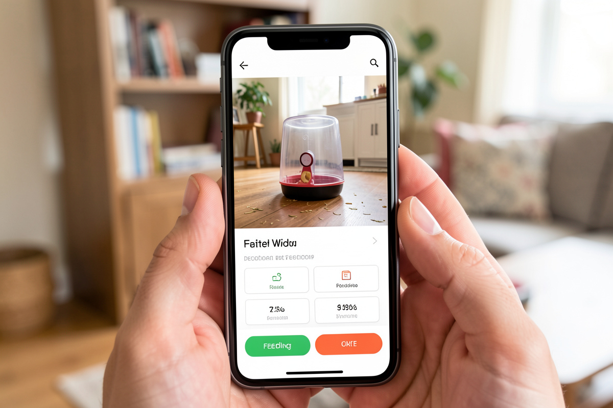 Smartphone app showing live camera feed from smart pet feeder with feeding schedule controls