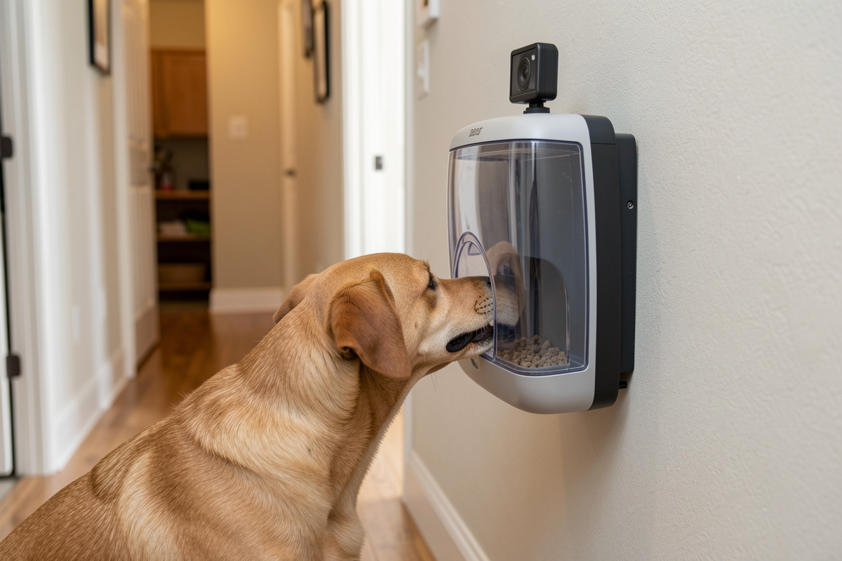 Dog eating from smart pet feeder with camera mounted on wall showing feeding station setup