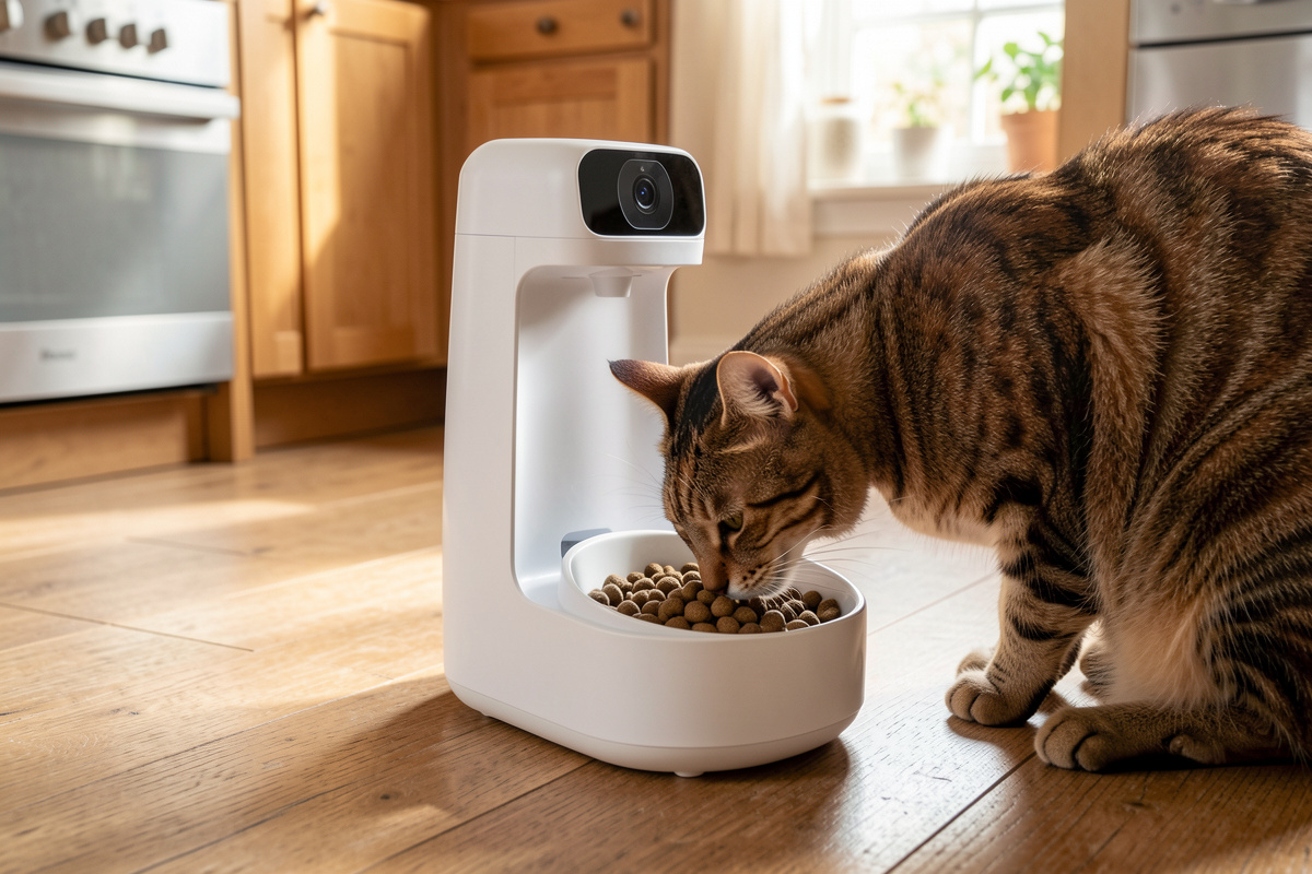 Smart pet feeder with HD camera monitoring a cat eating during scheduled meal time