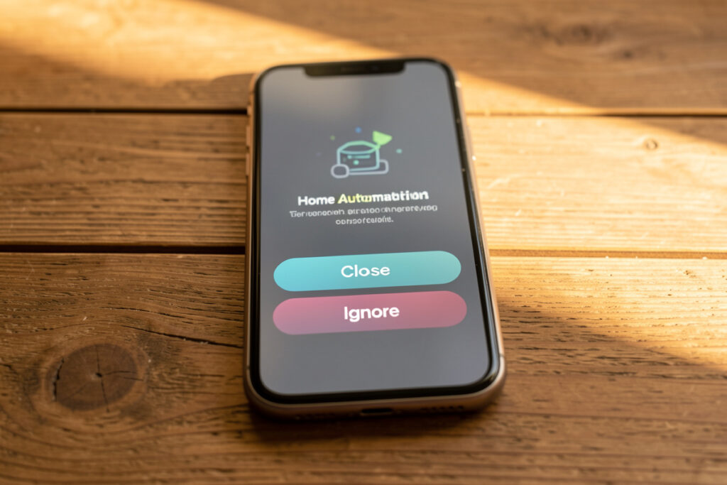 Phone showing a home automation alert with Close and Ignore action buttons