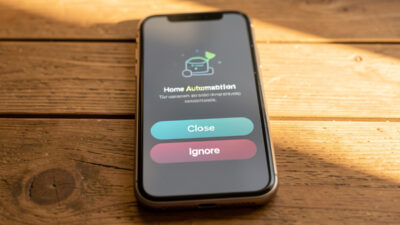 Phone showing a home automation alert with Close and Ignore action buttons