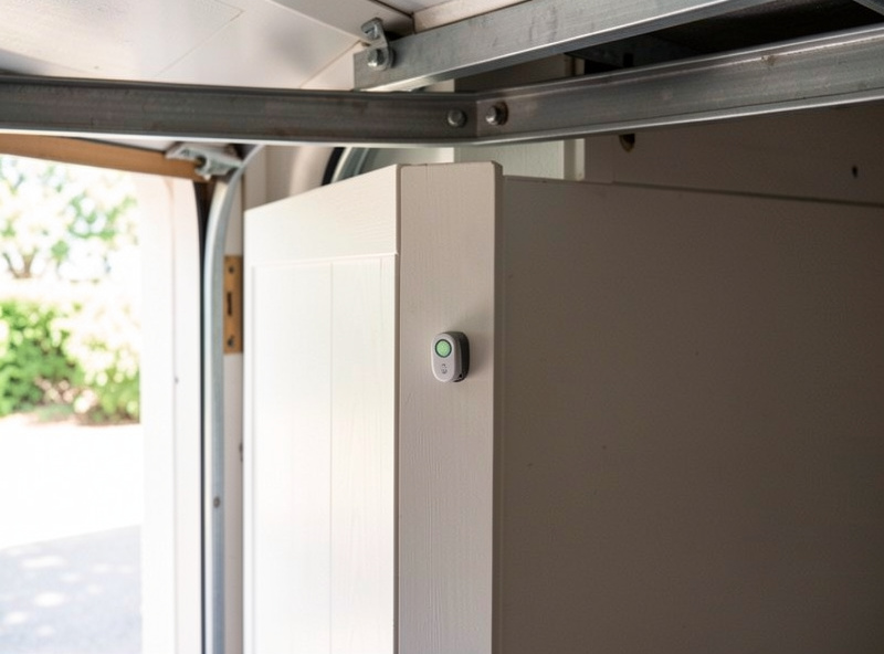 A garage door partly open seen from inside with a tilt sensor on the panel