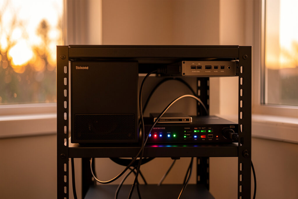 Home network rack with a NAS, mini-PC, and switch with blinking LEDs in warm evening light