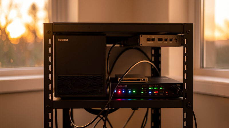 Home network rack with a NAS, mini-PC, and switch with blinking LEDs in warm evening light