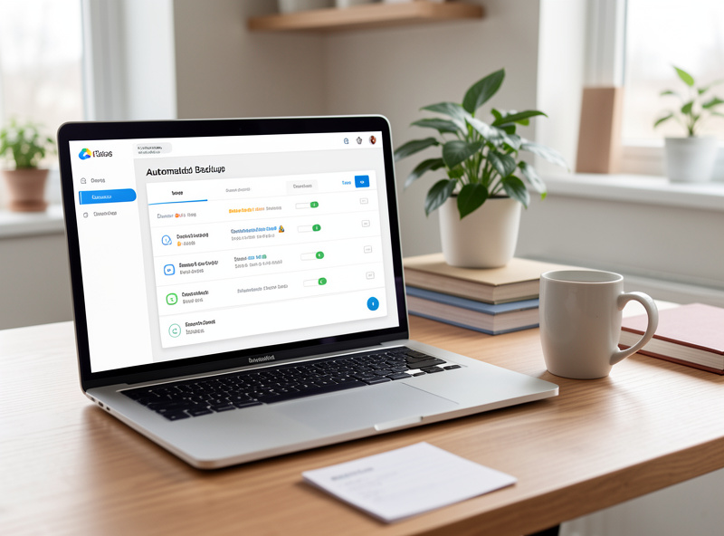 Laptop screen showing an automated backup schedule with cloud sync destinations beside a coffee mug on a home-office desk
