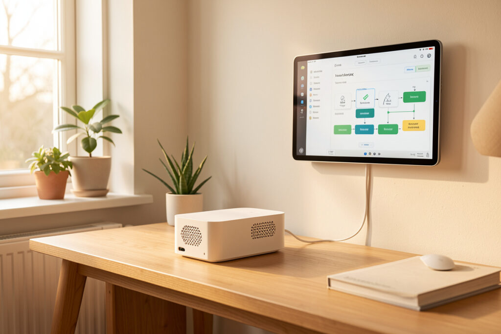 Local-first Home Assistant smart home control center with a mini-PC hub and automations dashboard