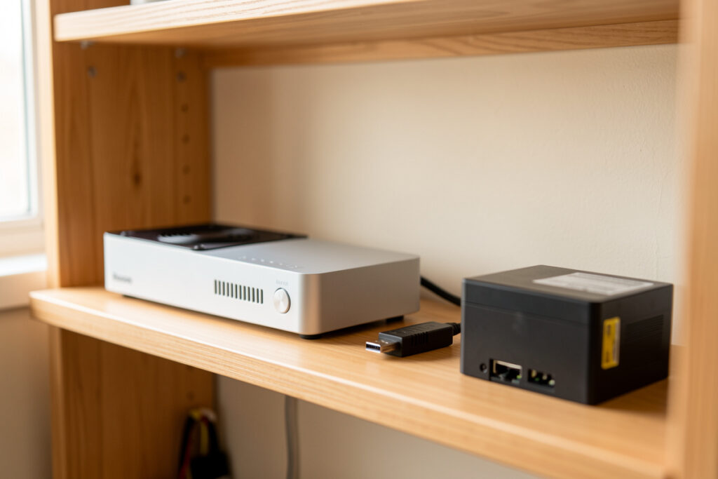 Home lab shelf with a mini-PC running Home Assistant, USB radio stick, SSD, and a small UPS in warm window light