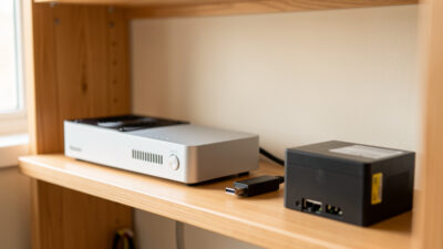 Home lab shelf with a mini-PC running Home Assistant, USB radio stick, SSD, and a small UPS in warm window light