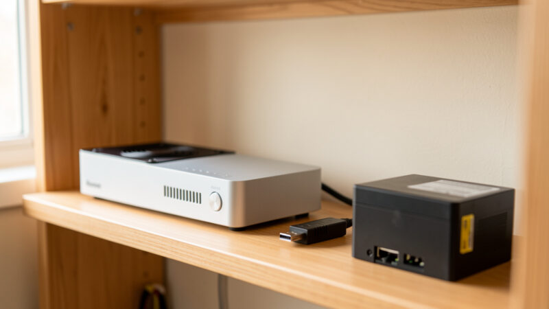 Home lab shelf with a mini-PC running Home Assistant, USB radio stick, SSD, and a small UPS in warm window light