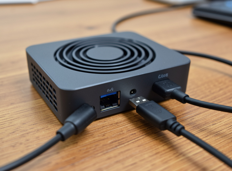 Fanless Intel N100 mini-PC running Home Assistant with an SSD and USB Zigbee coordinator stick plugged in