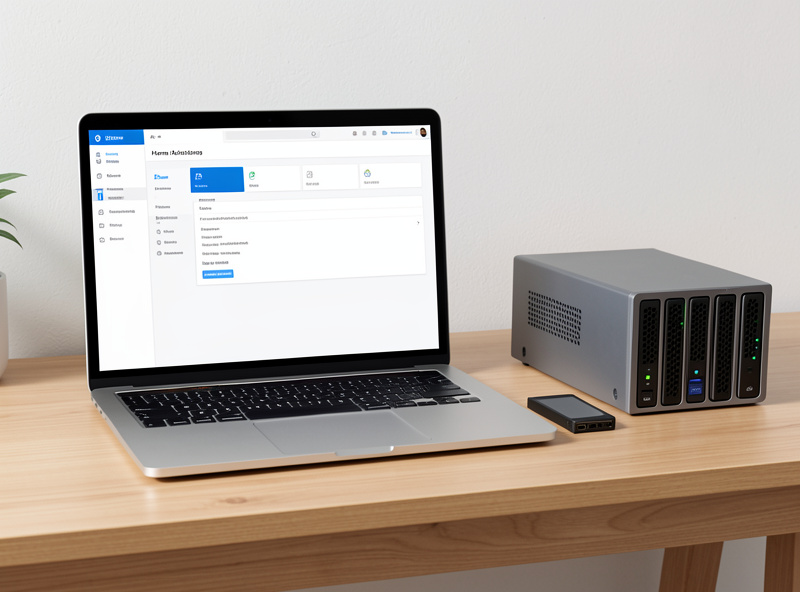 Laptop showing a Home Assistant backup settings page beside an external drive and a NAS box on a tidy desk